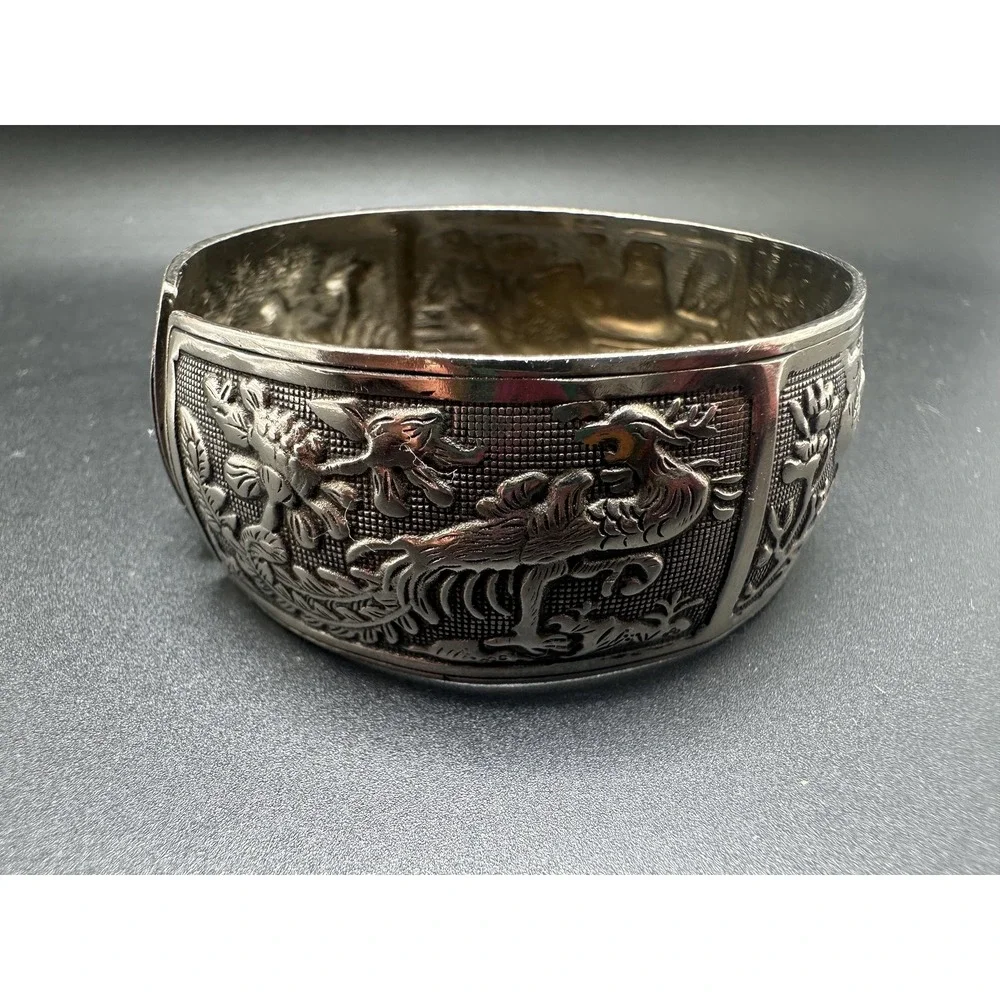 Antique Miao Silver Cuff Bracelet Late 1800s Handmade Talisman Of Eternal Love